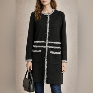 Karl Lagerfeld Paris Black Tweed Trim Long Coat Cardigan Jacket L